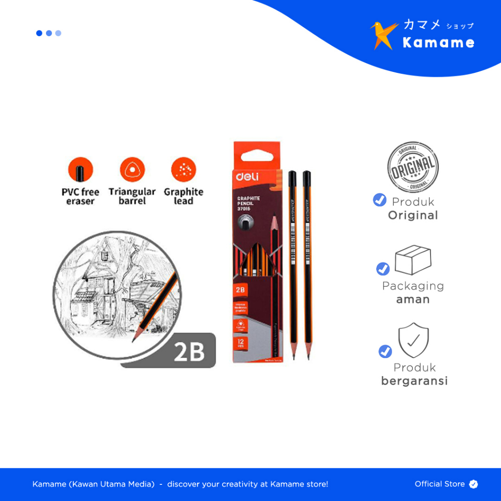 

Deli Graphite Pensil - 2B penghapus 37013,37015 - Kamame