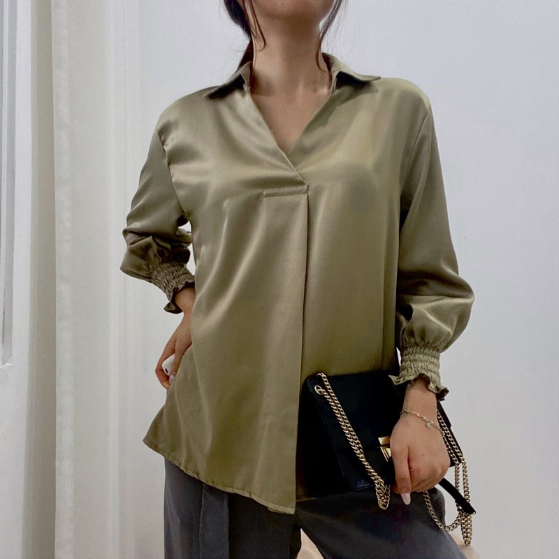 EVELYN - Atasan Wanita Blouse Satin Silk Premium / V-Neck Ruby Satin Top Blouse