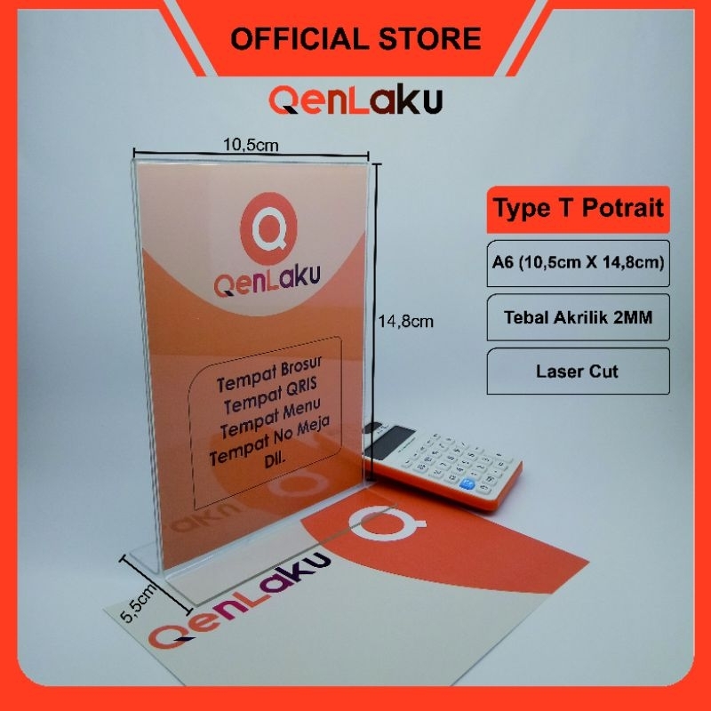

Acrylic Standing A6 Type T Potrait/ Tempat QRIS/ Tempat Brosur/ Tempat Menu/ Tempat No Meja