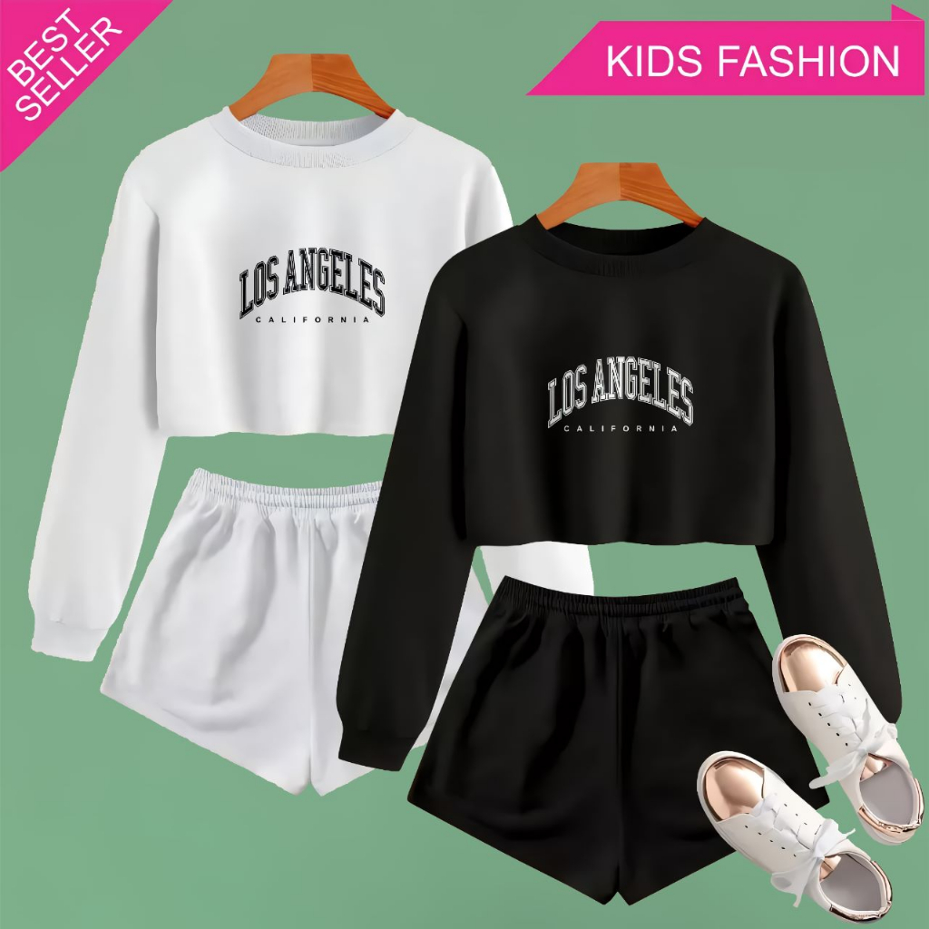 SETELAN ANAK PEREMPUAN CROP TOP USIA 2-9 TAHUN MOTIF ANGEL