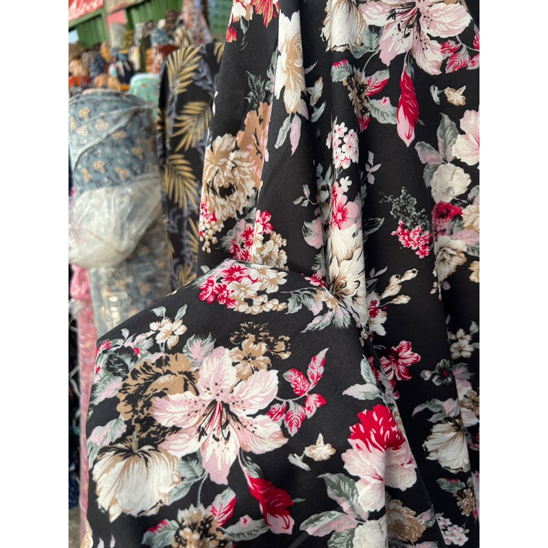 kain katun rayon viscose premium motif bunga hitam kembang besar terbaru best seller