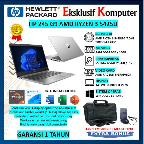 LAPTOP HP 245 G9 AMD RYZEN 3 5425U RAM 16GB SSD 512GB 14" WXGA WIN11 HOME GREY