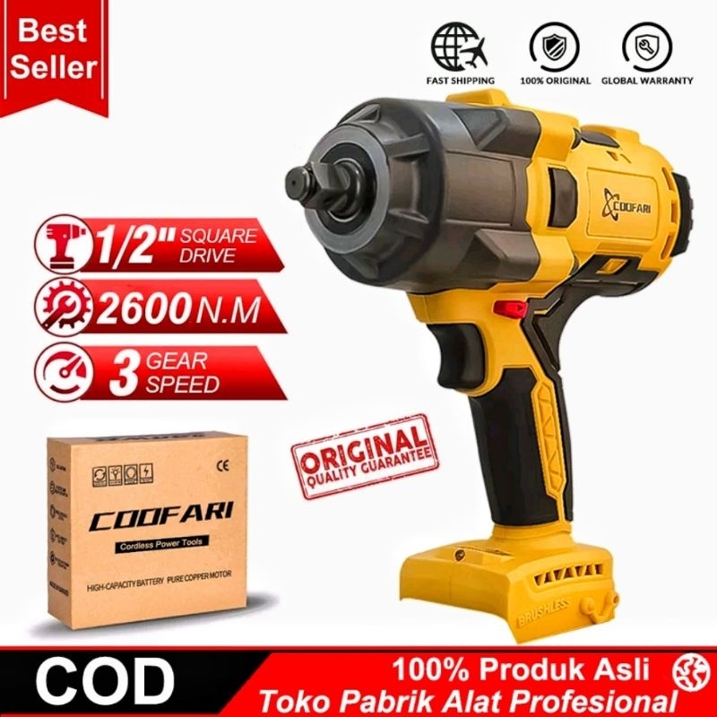 COOFARI Bor Impact Kunci Pas Elektrik Torsi Tinggi 2600NM, Kunci Pas Elektrik Tanpa Kabel 1/2 Inci, 