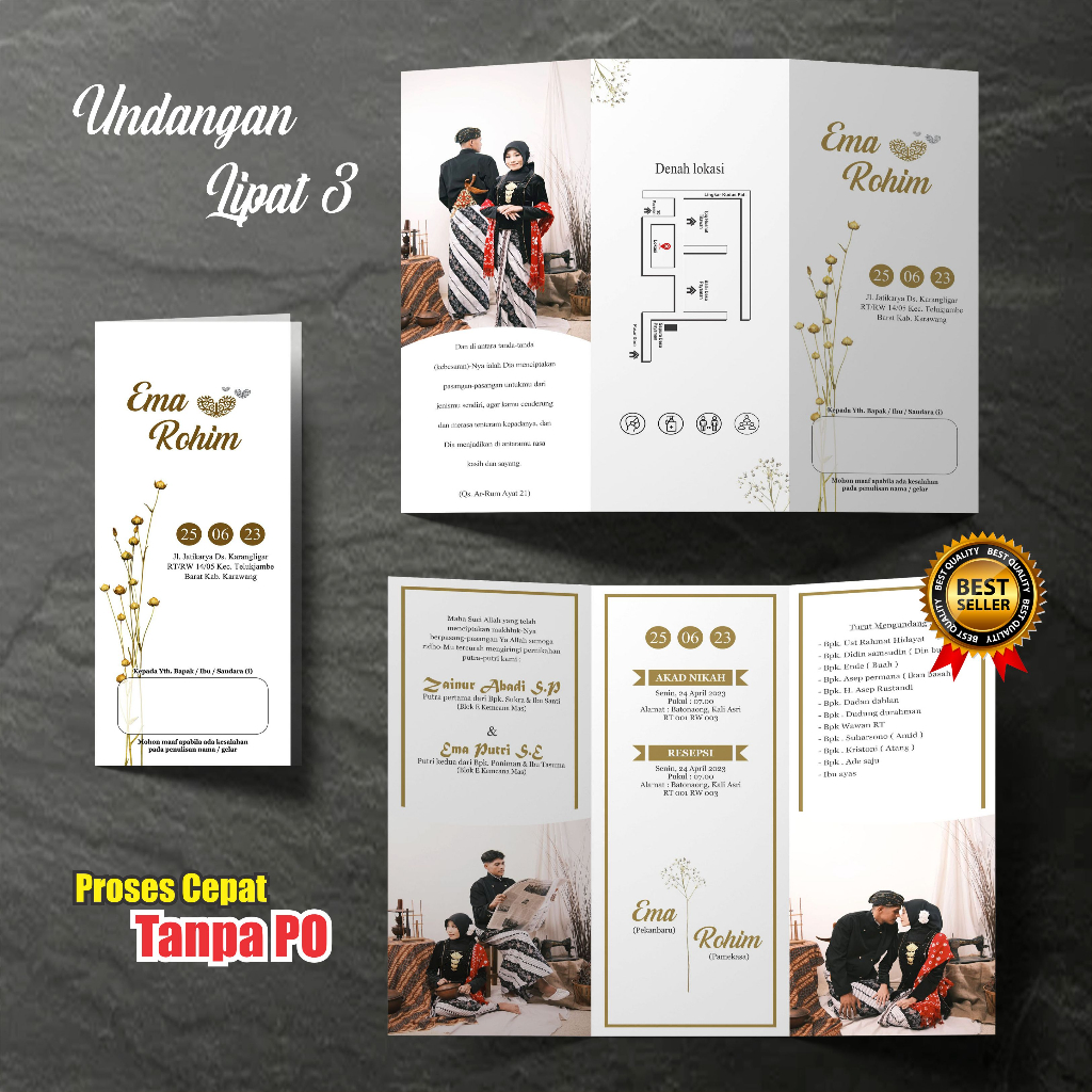 UNDANGAN PERNIKAHAN LIPAT 3 MEWAH ELEGAN FREE (FOTO + PLASTIK + DESAIN + DENAH + TURUT MENGUNDANG)