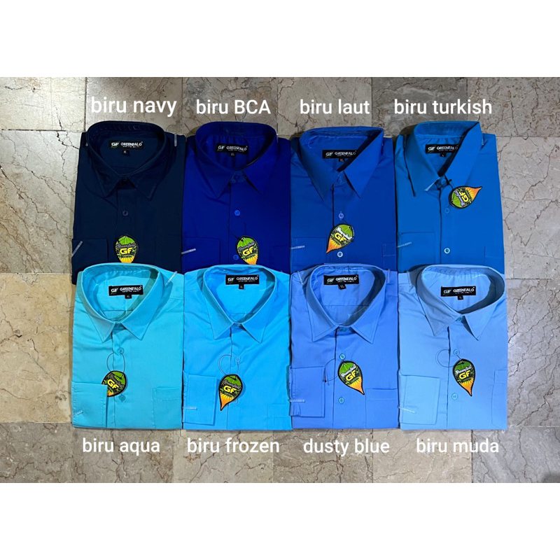 KEMEJA PRIA GREENFALO - KEMEJA POLOS LENGAN PANJANG PRIA WARNA BIRU NAVY / BIRU BCA / BIRU LAUT / BI