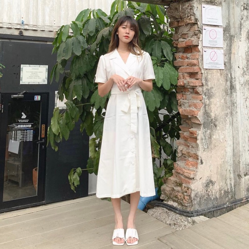 Its Ninette Josie Dress Baby Blue Collar Midi Long Dress Vintage Buttons Tied Set Fashion Wanita Pre