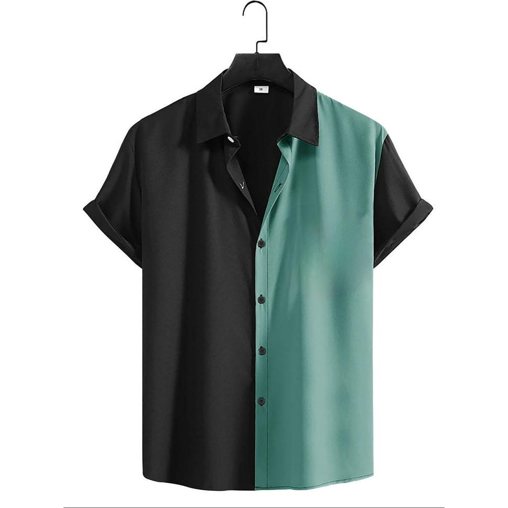 KIYOWO-Kemeja Hem Kasual Kombinasi Warna Two Tone Lengan Pendek Pria