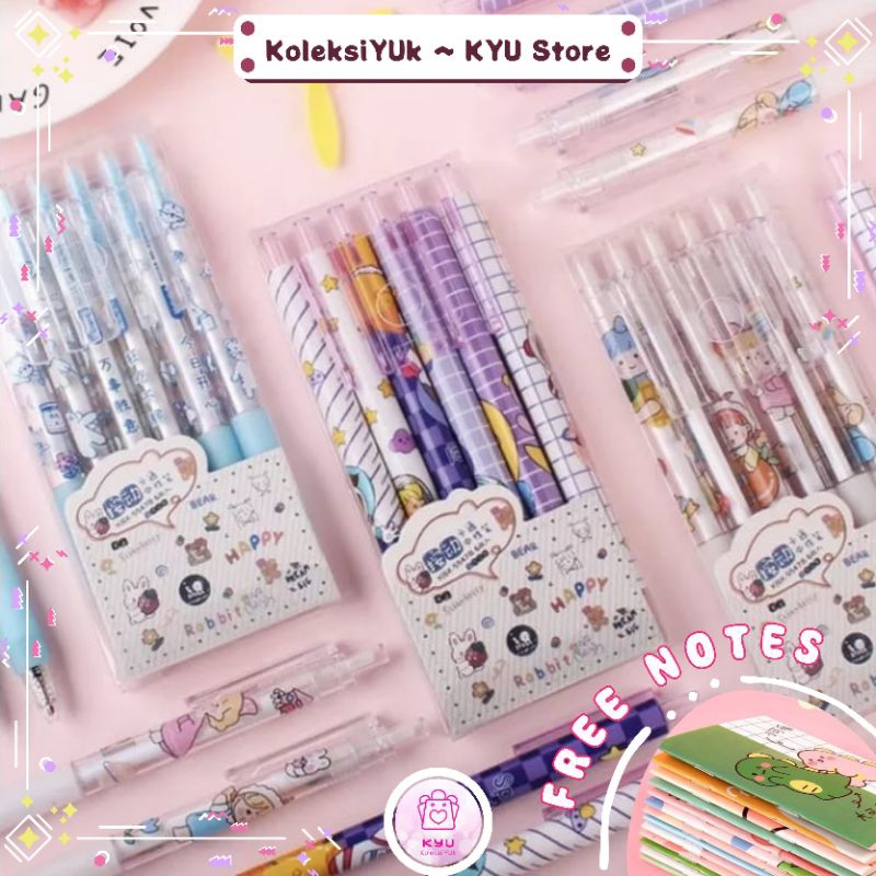 

[KYU A] PULPEN PEN GEL SET (FREE NOTES) MOTIF KARTUN LUCU / PENA GEL MEKANIK (Isi 6 Pcs)