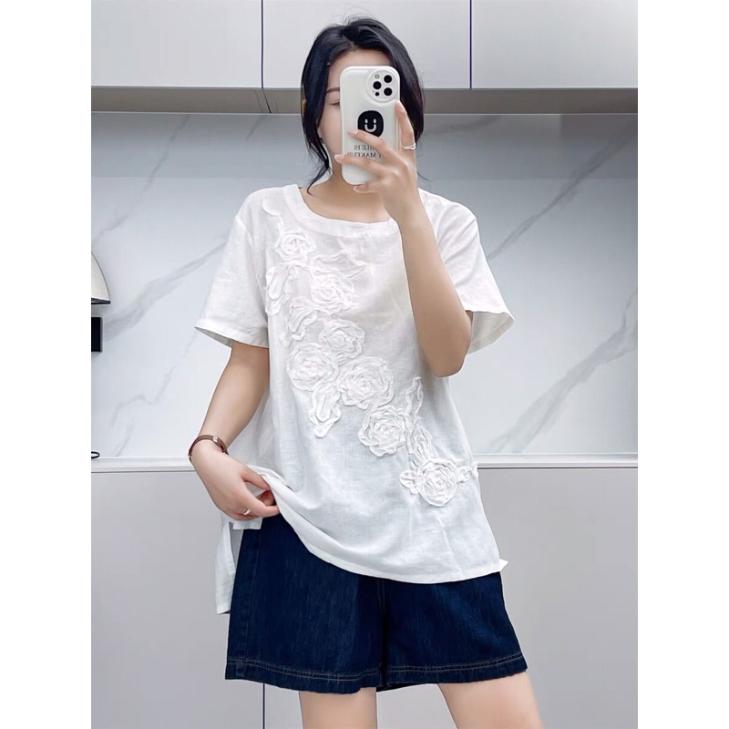 [DEAR] 120 Wila Top - Baju musim panas wanita lengan pendek katun dan linen kemeja pullover kemeja l
