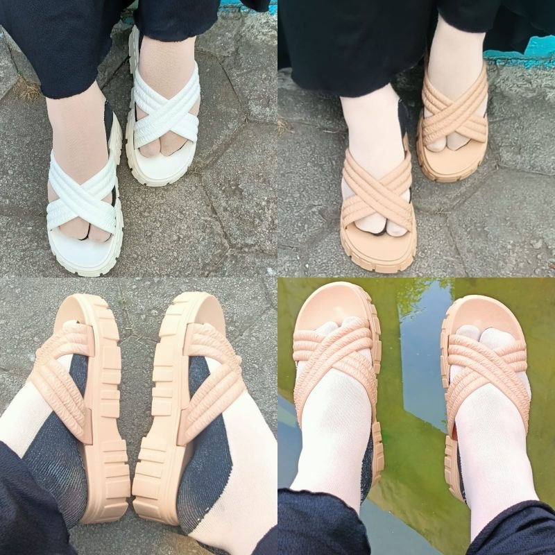 Sandal Wanita Terbaru Wedges Motif Kerut Sandal Wedges Tali Silang Premium