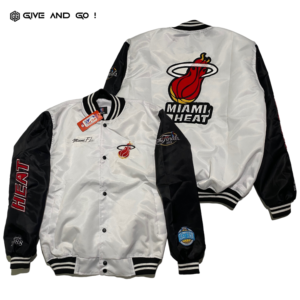 JunasCloth Varsity Jacket Baseball Vintage Miami Heat Black White Bordir Premium Pria Wanita Terbaru