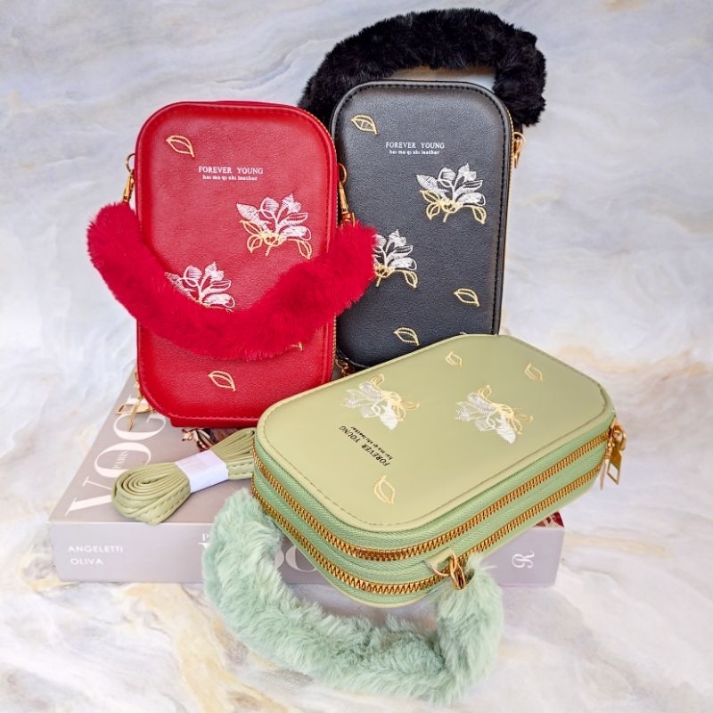 Tas hp import wanita bulu 2 resleting bordir