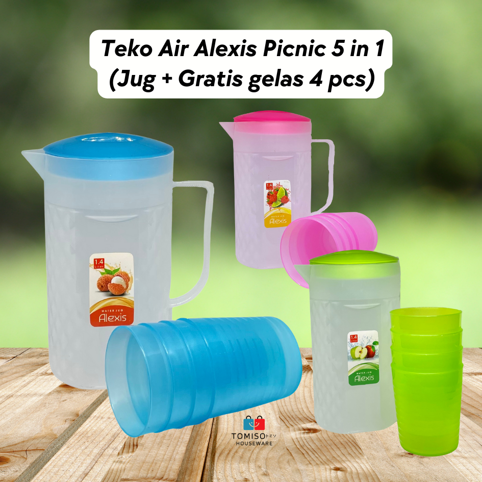 Teko Air Set 5 in 1 Eskan Alexis Picnic 1 Teko dan 4 Gelas | Water Jug Eskan Air Plastik, 3 Warna