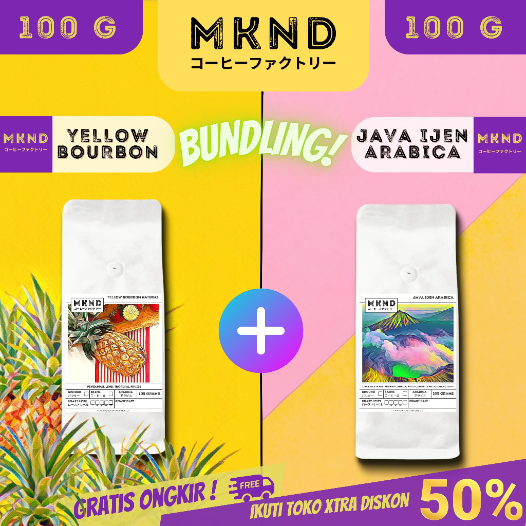 

MKND® BUNDLING HEMAT 2X100 KOPI ARABIKA YELLOW BOURBON NATURAL SINGLE ORIGIN + KOPI ARABIKA JAVA IJEN BLUE MOUNTAIN NATURAL GRADE 1 SINGLE ORIGIN PROMO DISCON | BIJI BUBUK | SINGLE ORIGIN | PREMIUM COFFE | ROASTED BEANS | MANUAL BREW | COFFE ROASTERY
