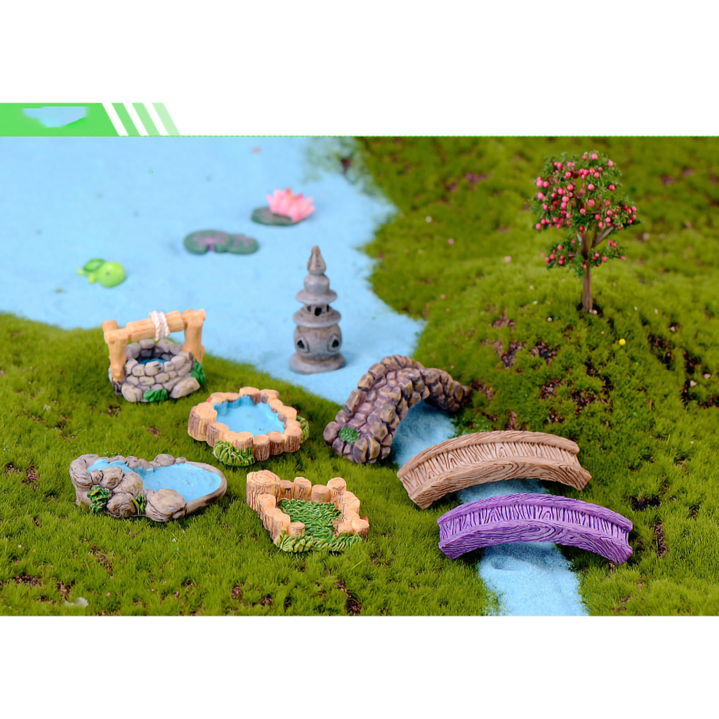 Miniatur Micro Landscape Diorama Onament Danau Kolam Batu Tangga Jembatan Kayu DIY