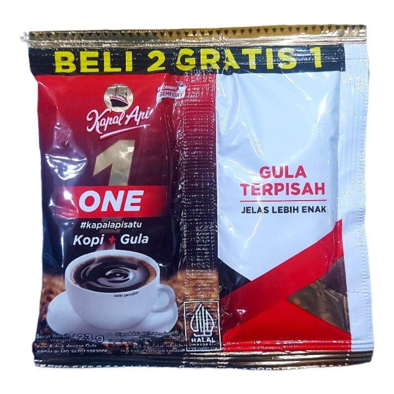 

Kopi KAPAL API ONE Kopi Plus Gula - GULA TERPISAH renceng (10 sachet) Kapal Api Satu