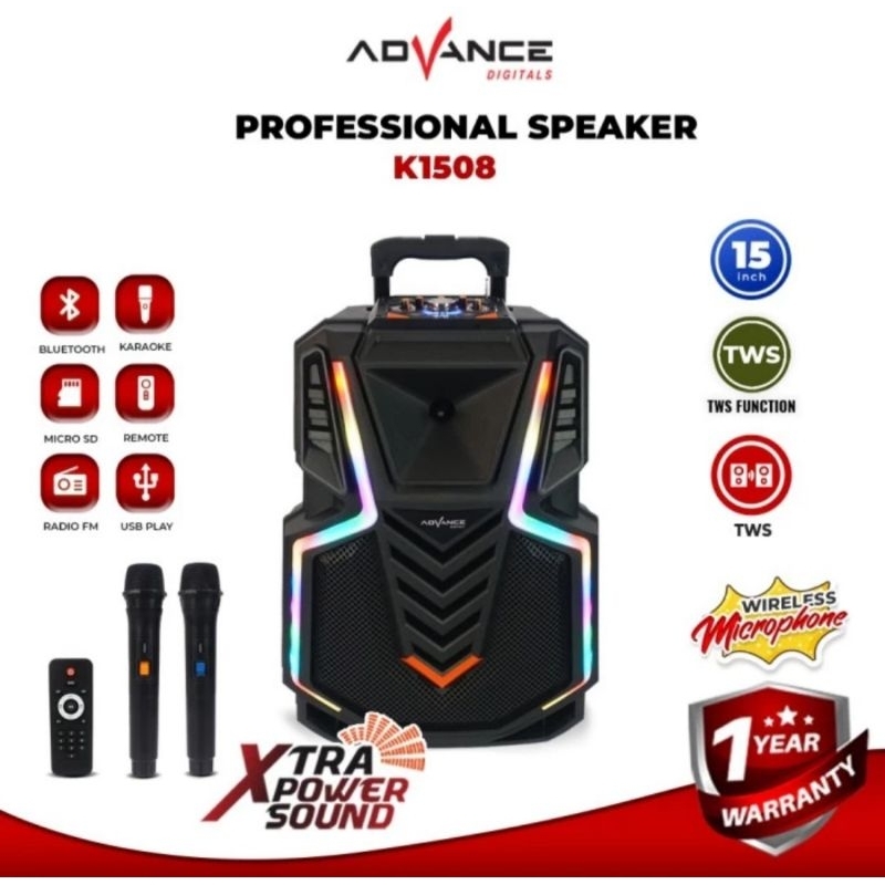 Speaker Portable ADVANCE K1508 15inch Free 2 Mic/Speaker Bluetooth Advance K1508 ORI