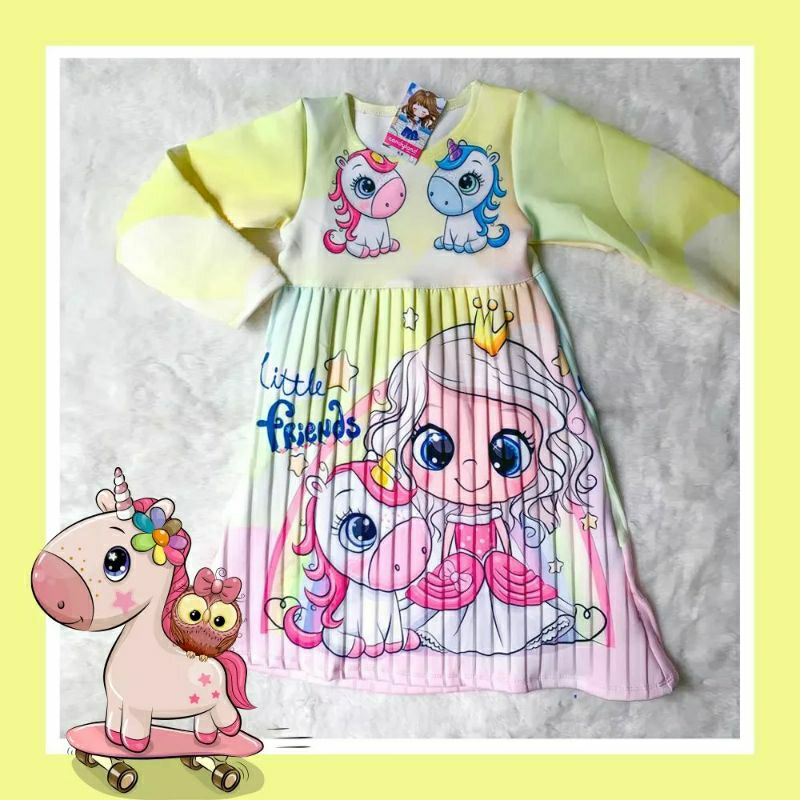 DRESS / GAMIS PLISKET ANAK BAHAN SCUBA PREMIUM IMPORT / MOTIF PRINTED KARAKTER / FULL PRINT UNICORN