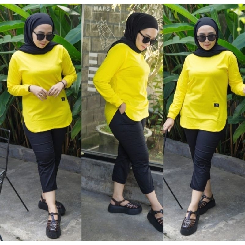 Baju Kaos Wanita Lengan Panjang Merek Dinarry Warna Kuning / Atasan Wanita / Kaos Wanita / Atasan Wa
