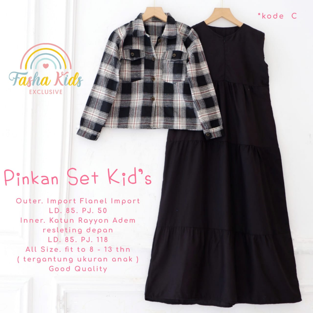 PINKAN SET KIDS SETELAN BAJU ANAK PEREMPUAN GAMIS REMPEL DAN OUTER FLANEL MOTIF KOTAK KOTAK SET DRES