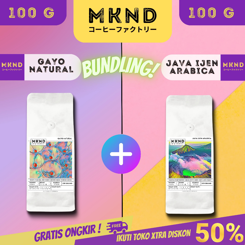 

MKND® BUNDLING HEMAT 2X100 KOPI ARABIKA ACEH GAYO NATURAL PROCESS SINGLE ORIGIN + KOPI ARABIKA JAVA IJEN BLUE MOUNTAIN NATURAL GRADE 1 PROMO DISCON | BIJI BUBUK | SINGLE ORIGIN | PREMIUM COFFE | ROASTED BEANS | MANUAL BREW | COFFE ROASTERY