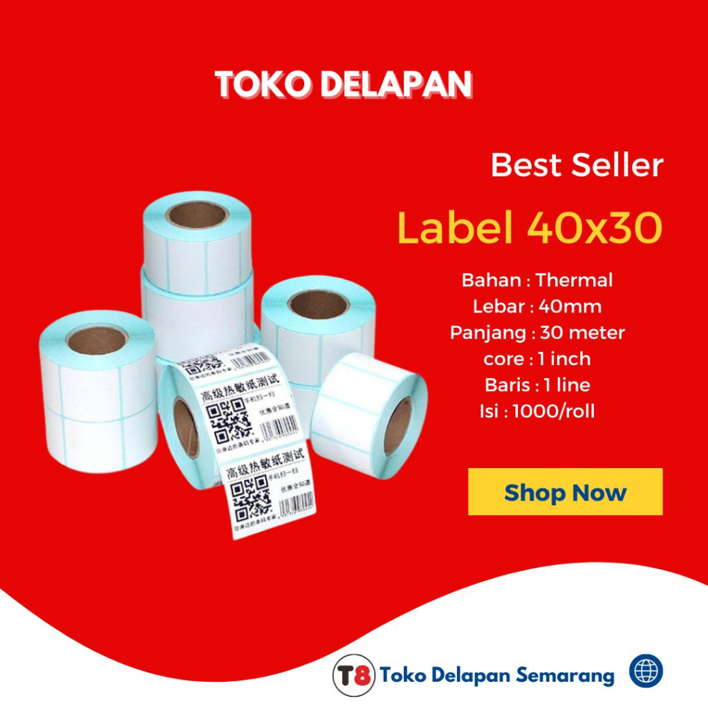 

LABEL BARCODE STIKER 40x30 KERTAS THERMAL 1LINE ISI 1000pcs per 5ROLL