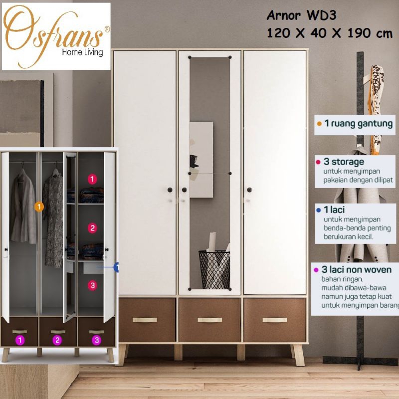 Lemari Pakaian 3 Pintu + Cermin Arnor WD3 Harga Pabrik