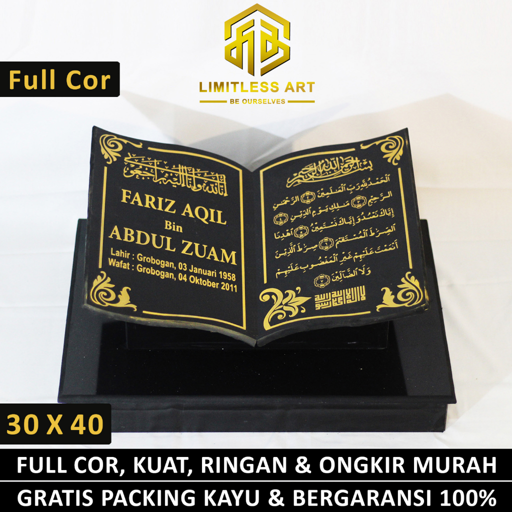 Batu Nisan Makam Granit Ukir Model Bentuk Buku Alquran Full Set Dudukan Lengkap Hitam Putih CFG 30 X