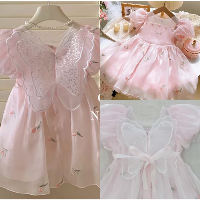 Dress kupu 3D lengan balon anak salem peach import gaun pesta sayap kupu impor