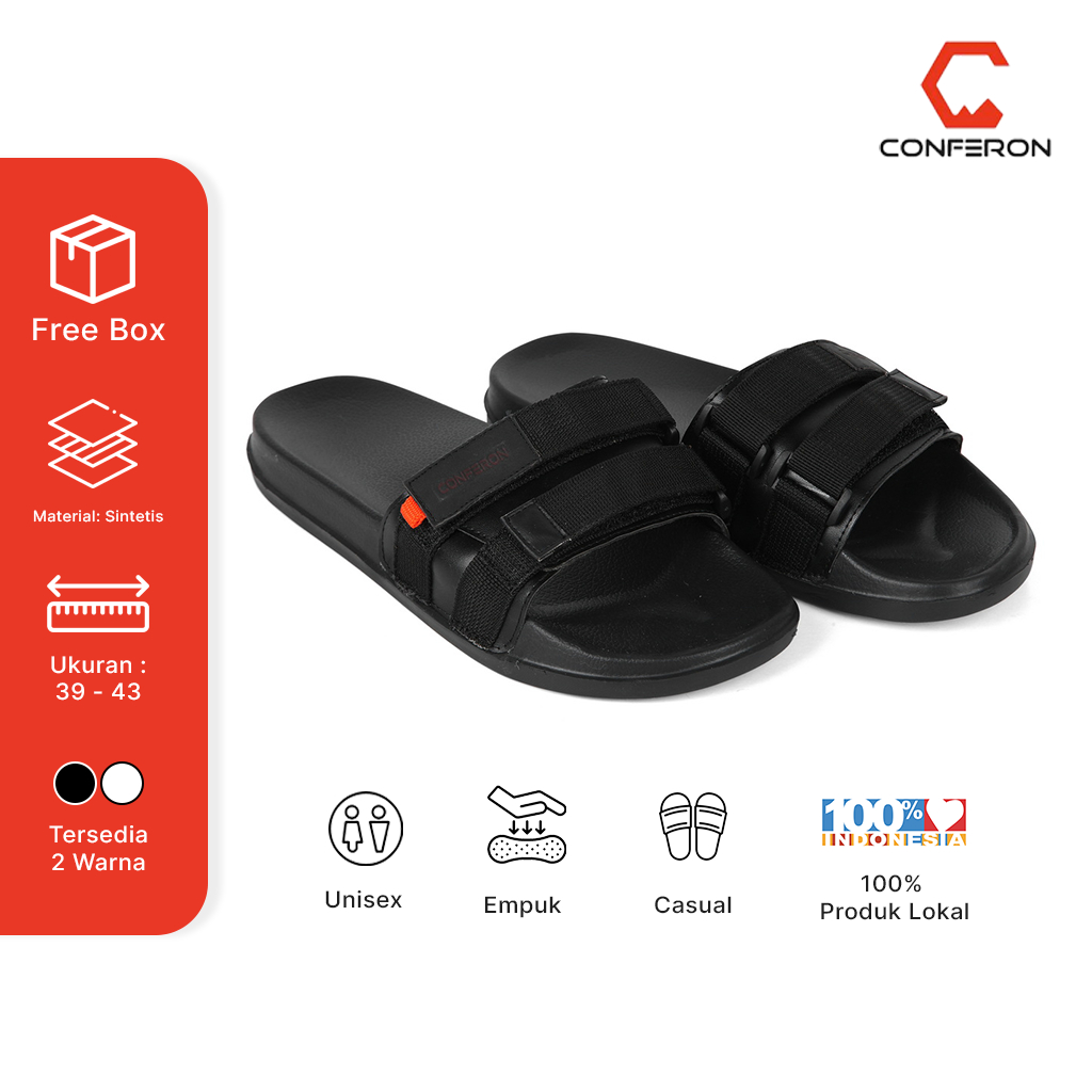 Conferon - Sandal Gunung Neptune Casual Warna Hitam Putih Bahan Omega Sintesis Ukuran 39 40 41 42 43