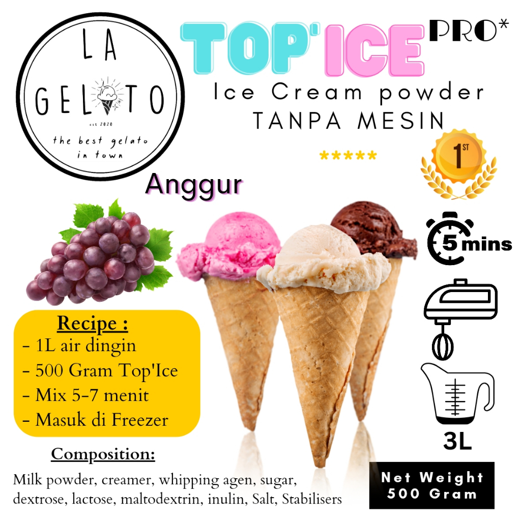 

500gr Bubuk Es krim Top ice tanpa mesin rasa Anggur
