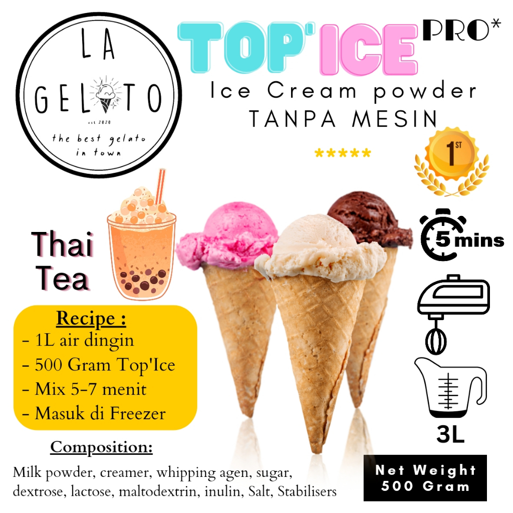 

500gr Bubuk Es krim Top ice tanpa mesin rasa Thai Tea