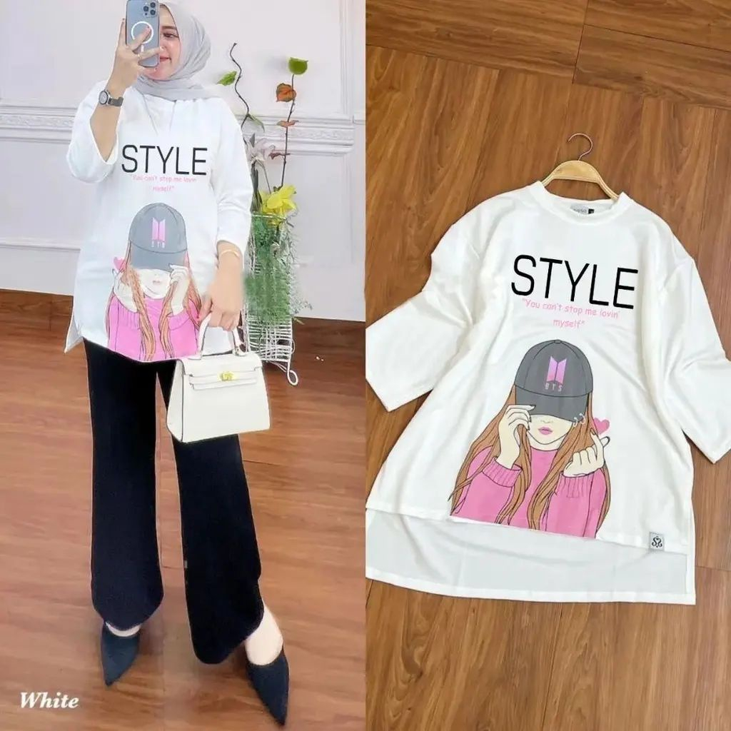 Kaos Wanita Lengan Panjang Style Blouse Bahan Kaos Katun Combed Aplikasi Sablon Ukuran s - 120 cm Ld