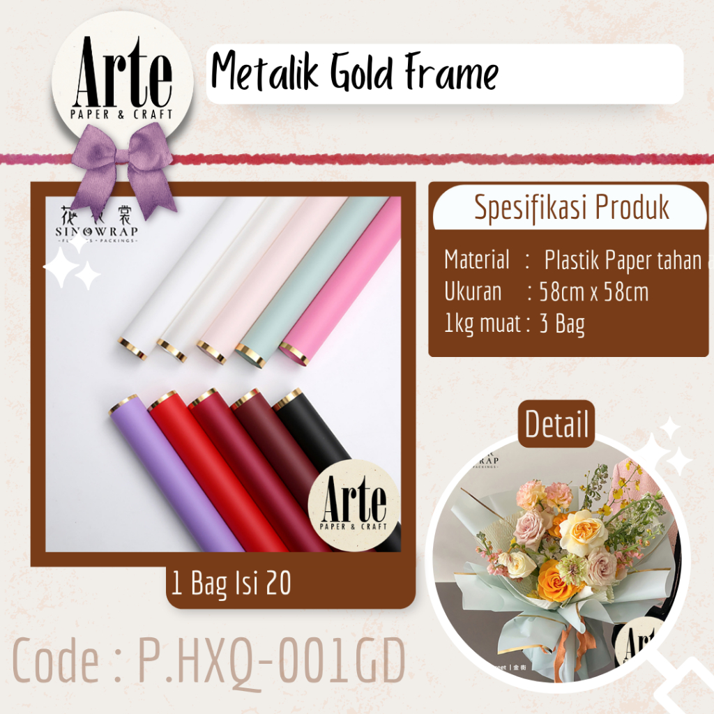 

20 Lembar Cellophane Metalik Gold Frame List Kertas Jelly Ori Sinowrap Buket Bunga Korean Kertas Waterproof Flower Wrapping Paper Calor Kado Arte Grosir Florist Supply Jakarta Bekasi P.HXQ-001GD