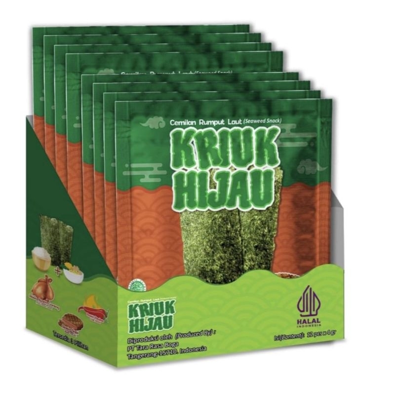 

Cemilan Rumput Laut KRIUK HIJAU Rasa Sapi ( 1 Box Isi 12 Pcs)