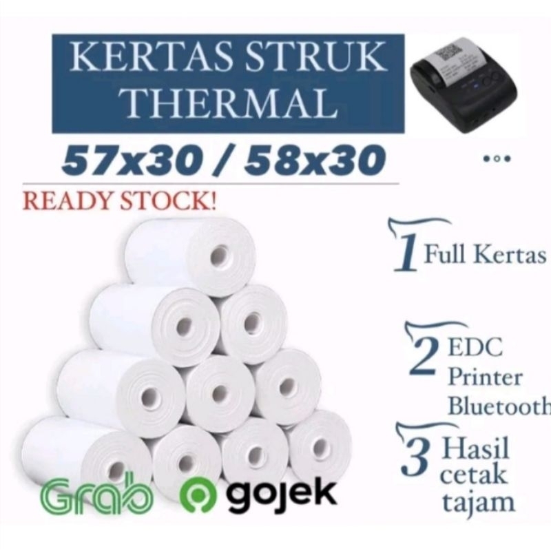 

Kertas struk kasir printer thermal 58/57x30mm full paket 1 dus isi 100 pcs