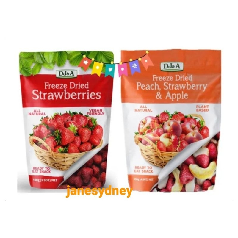 

DJ&A Freeze Dried Strawberries Strawberry Apple Peach 3 Mix Dried Fruit Ready to Eat Healthy Snack Camilan Stroberi Apel Buah Persik Kering Asli