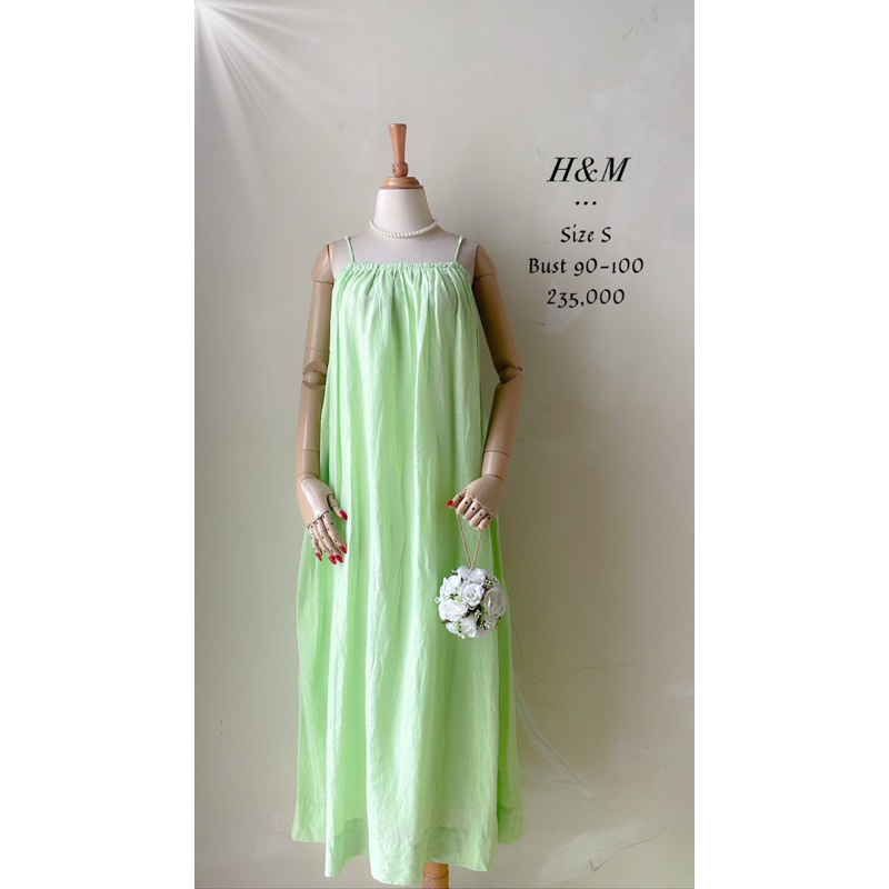 Maxi dress long linen hijau neon stabilo H&M original Preloved premium panjang murah tanktop setali