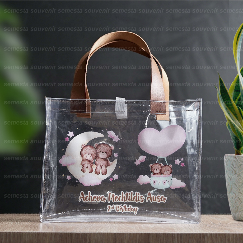 

Custom Tas Mika Transparan Landscape Bukan Sablon pegangan kulit Tas Ulang Tahun Souvenir Hampers Ultah Goody bag