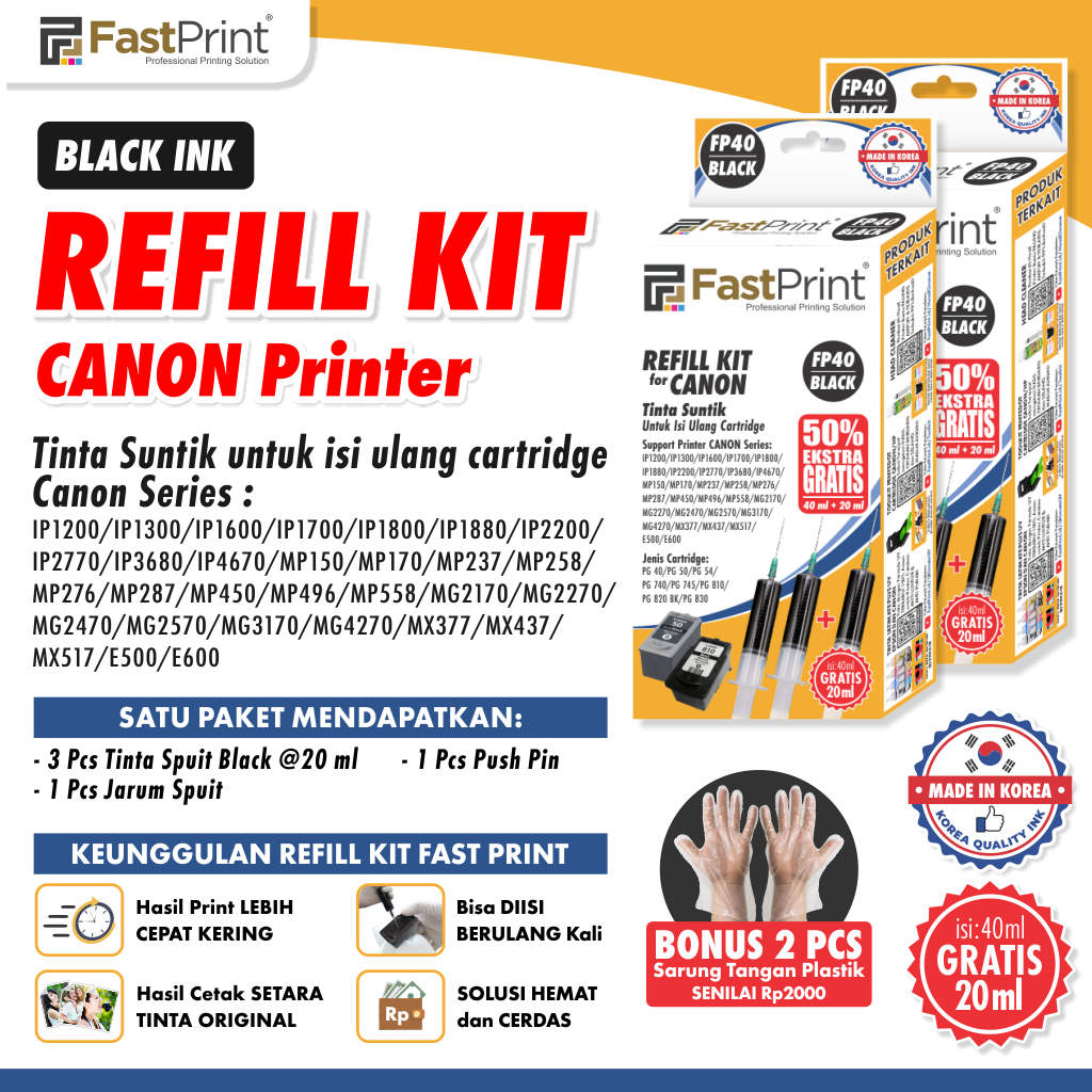 Fast Print Refill Kit Tinta Canon Black Cartridge FP40
