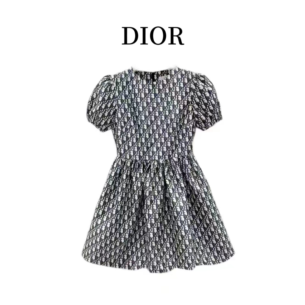 Dior Summer New Presbyopia Letter Printing Fashion Round Neck Waist Pulling Puff Skirt Bubble Sleeve