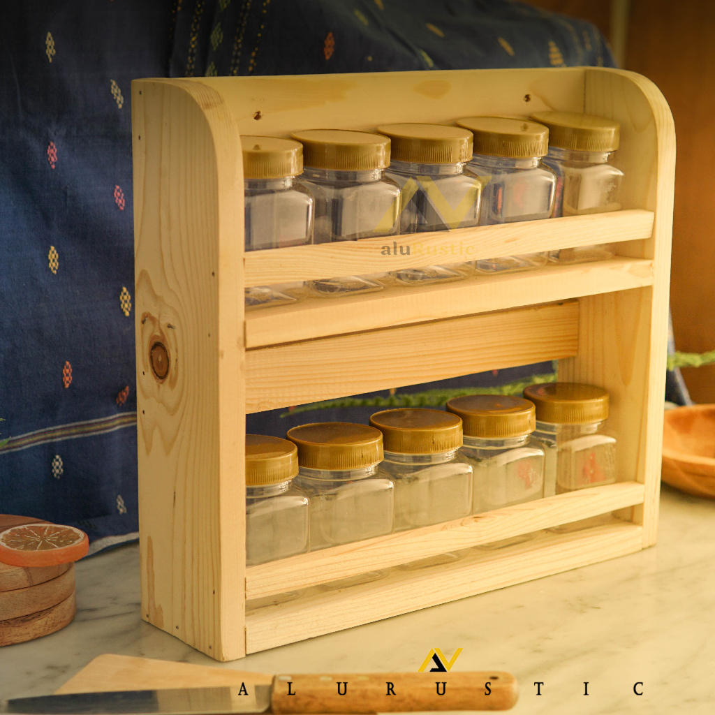 RAK BUMBU DAPUR KAYU 2 TINGKAT | RAK GANTUNG KAYU RUSTIC SERBAGUNA | TEMPAT BUMBU RAK PENYIMPANAN 2 
