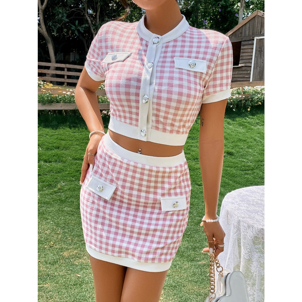Shein Set Gingham Flap Crop Top & Bodycon Skirt