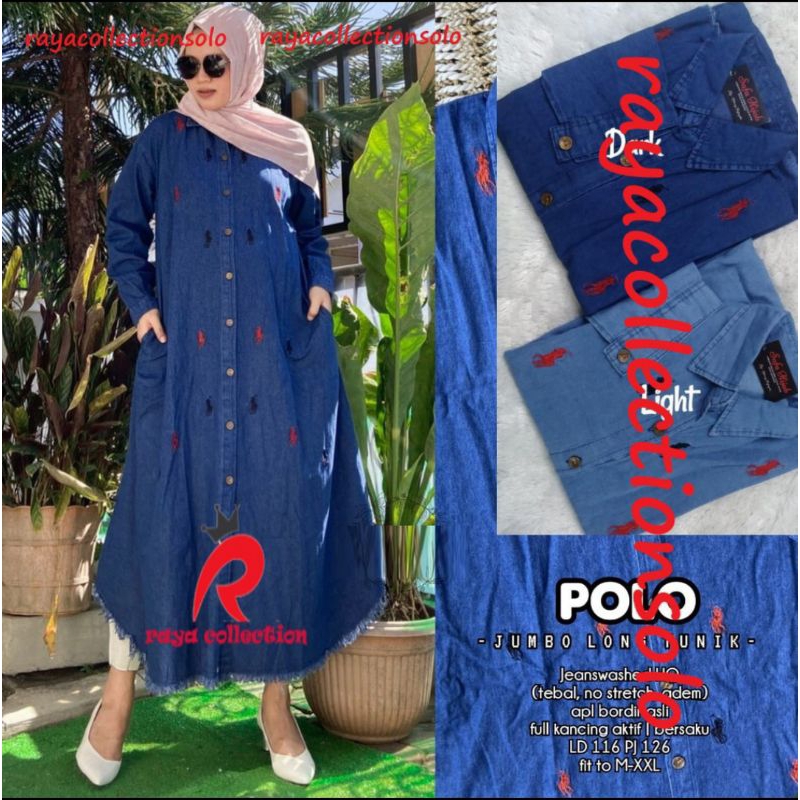 POLO JUMBO LONG TUNIK JEANS ORIGINAL QAISARA / TUNIK JEANS / LONG TUNIK / BUSUI KANCING BORDIR ASLI