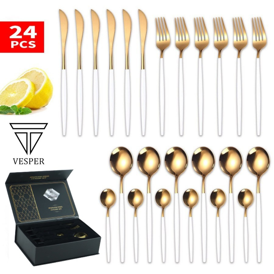 

paket hampers gift box souvenir western cutlery set glossy sendok garpu pisau sendok teh eropa 24pcs
