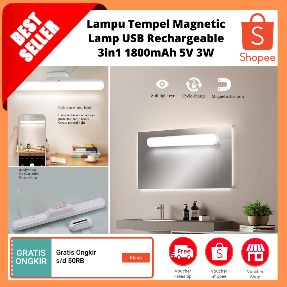 Lampu Tempel Magnetic Lamp USB Rechargeable 3in1 1800mAh 5V 3W / Lampu Rias LED Cermin