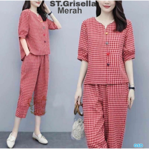 Grisella/Setelan St Cewe Celana Motif Dijual Murah Kotak-Kotak/OOTD Merah Baju Dan Wanita -
