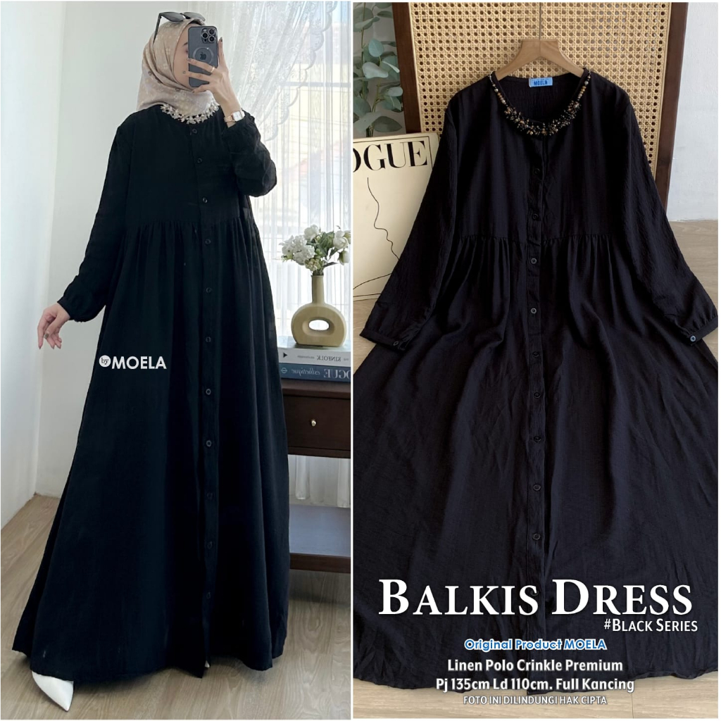 GAMIS LINEN CRINKLE  AIRFLOW SERBA HITAM BALKIS / LOSEA / KIMEA / NUNA  DRESS HITAM KATUN RAYON PREM