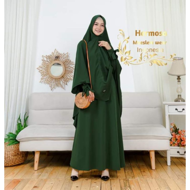 [Set Abaya Hermosa] Setelan abaya hijau botol jilbab jumbo-set gamis hijau pekat-set gamis ijo lumut