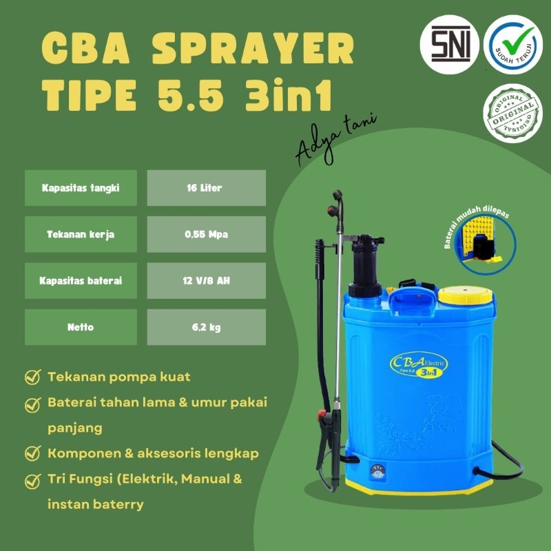 CBA Sprayer Tipe 5,5 3in1 Bisa Elektrik dan Manual Kapasitas 16 Liter Original